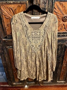 Crochet-Yoke Mini Dress in Taupe